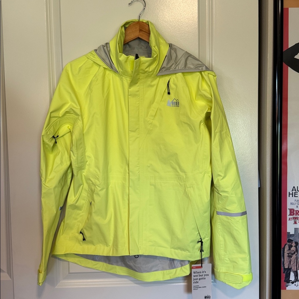 REI Co-op junction cycling rain jacket womens size medium neon yellow outdoors